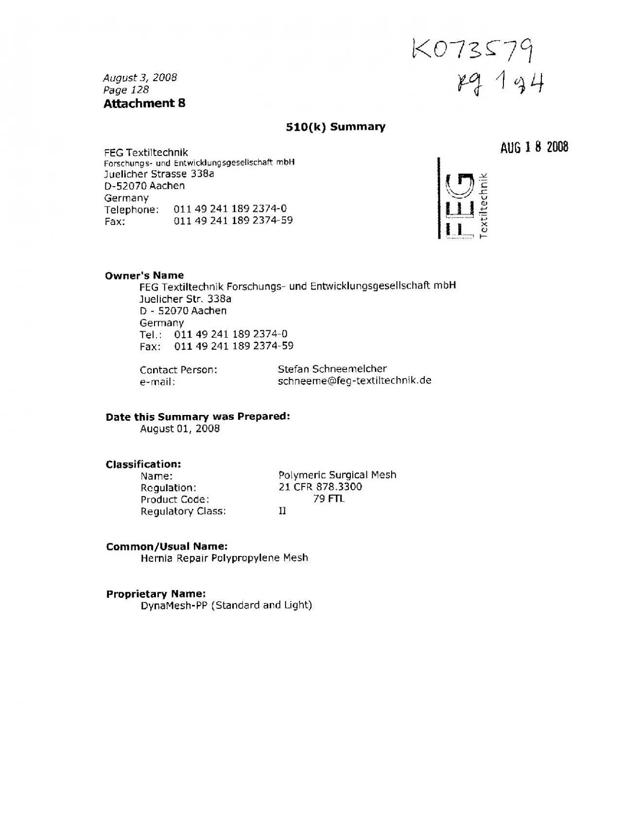 PDF-KotU TAugust 3 2008Page 128Attachment 8510k SummaryFEG Textiltechn