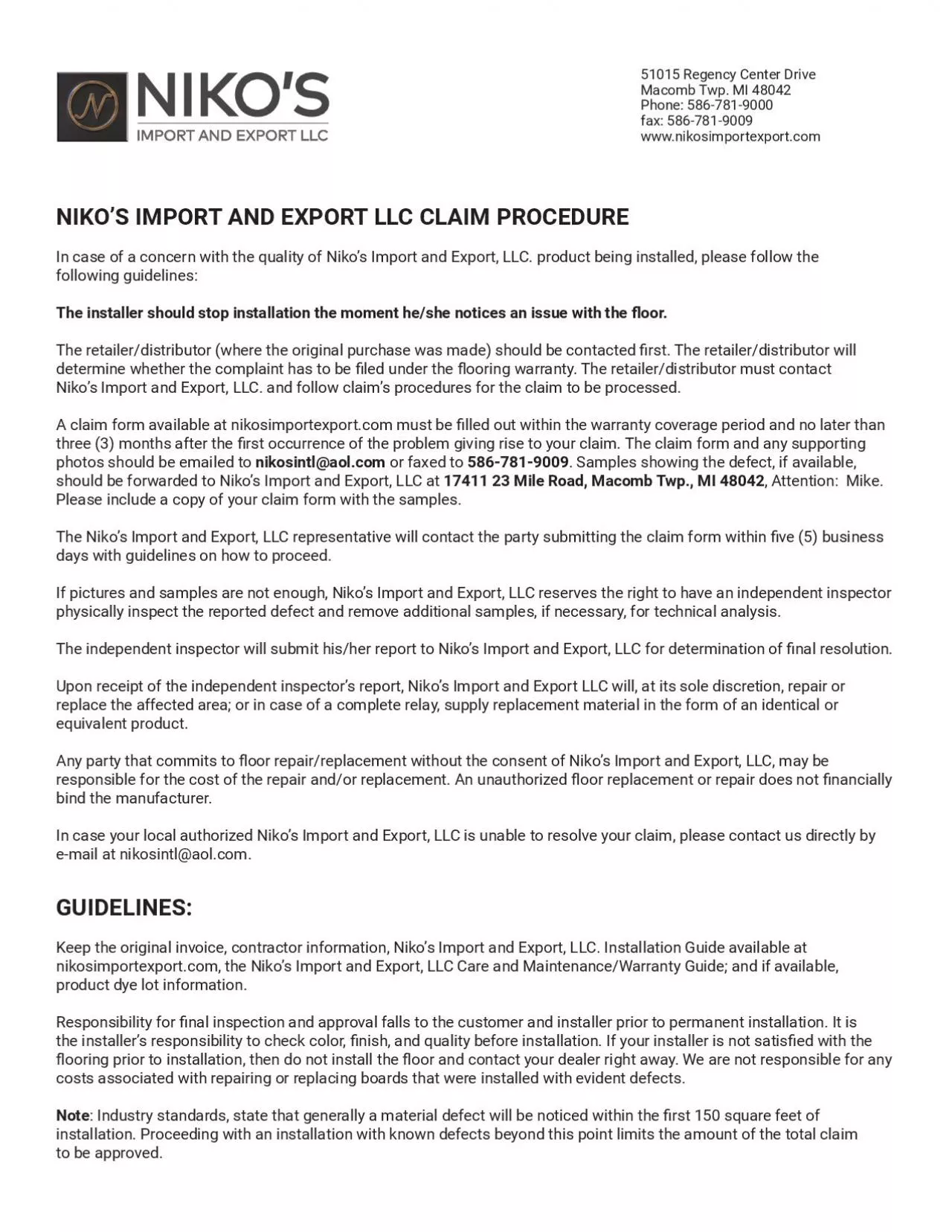 PDF-NIKO146S IMPORT AND EXPORT LLC CLAIM PROCEDURE