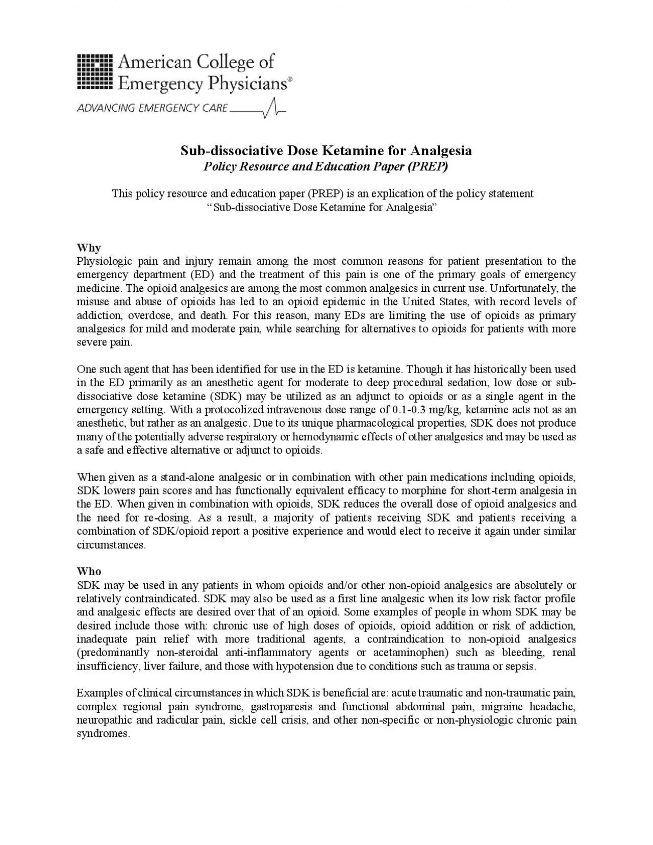 PDF-Subissociative Dose Ketaminefor AnalgesiaPolicy Resource and Education