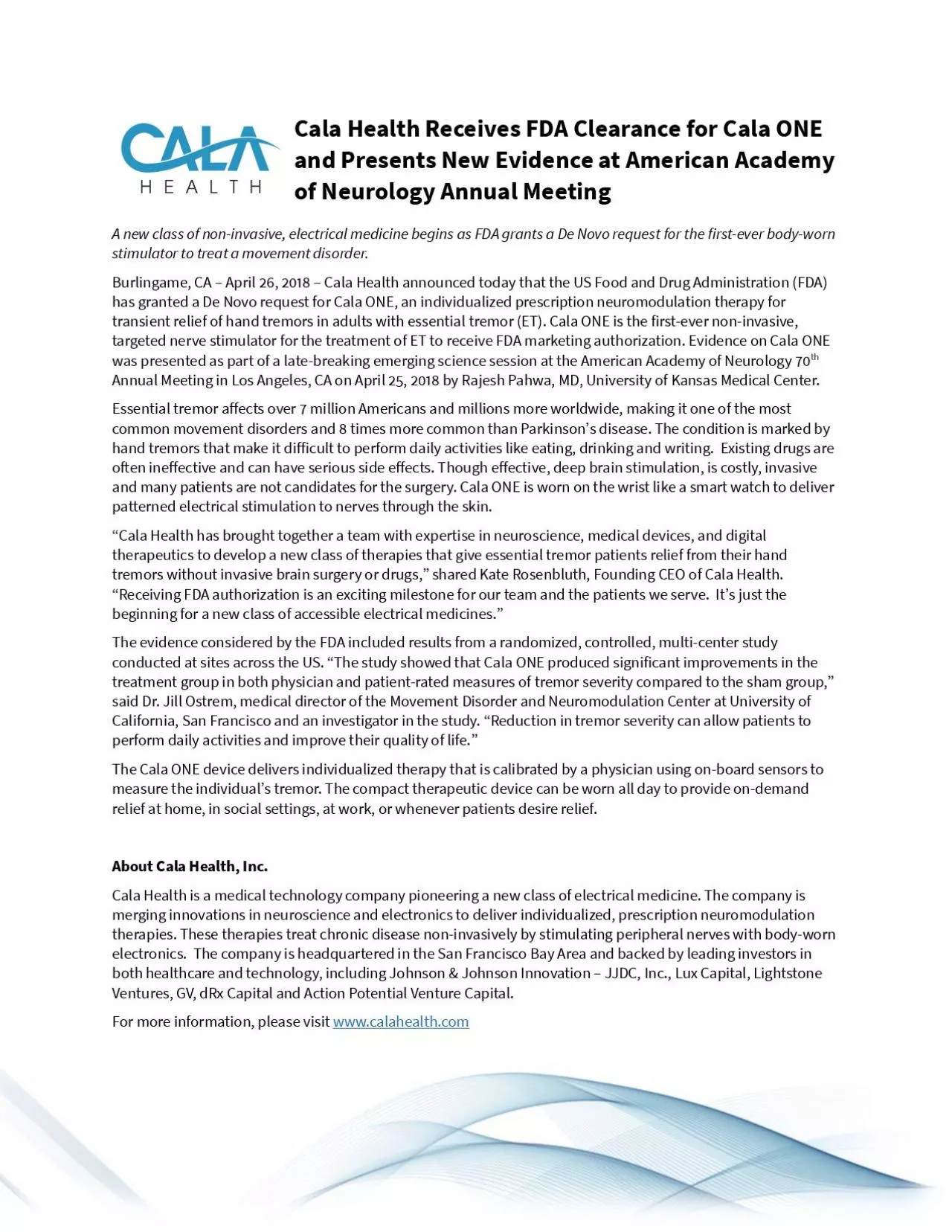 PDF-Cala Health Receives FDA Clearance for Cala ONE and Presents New Evide