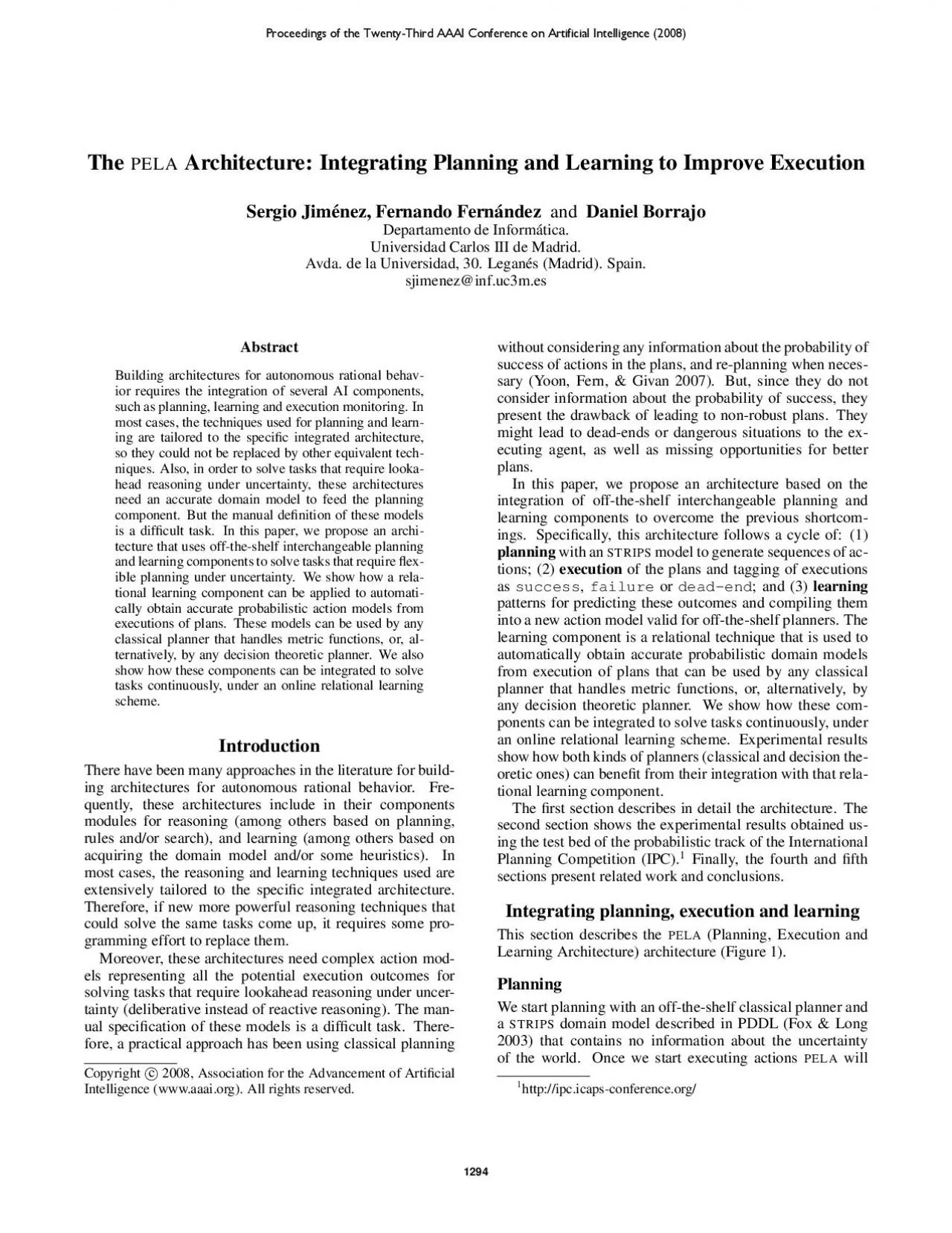 PDF-PELAArchitectureIntegratingPlanningandLearningtoImproveExecutionSergi