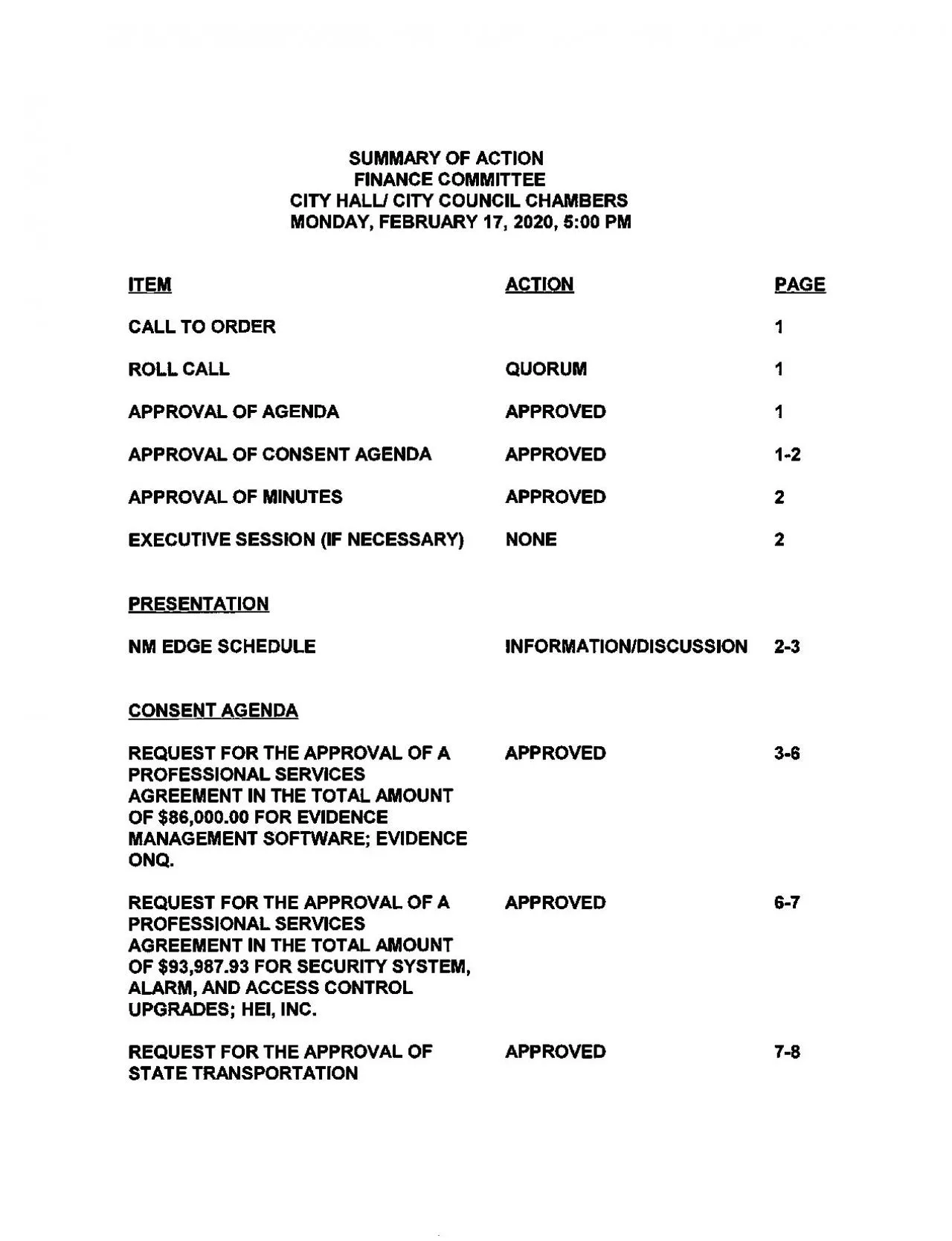 PDF-SUMMARY OF ACTION FINANCE COMMITTEE CITY HALU CITY COUNCIL CHAMBERS MO