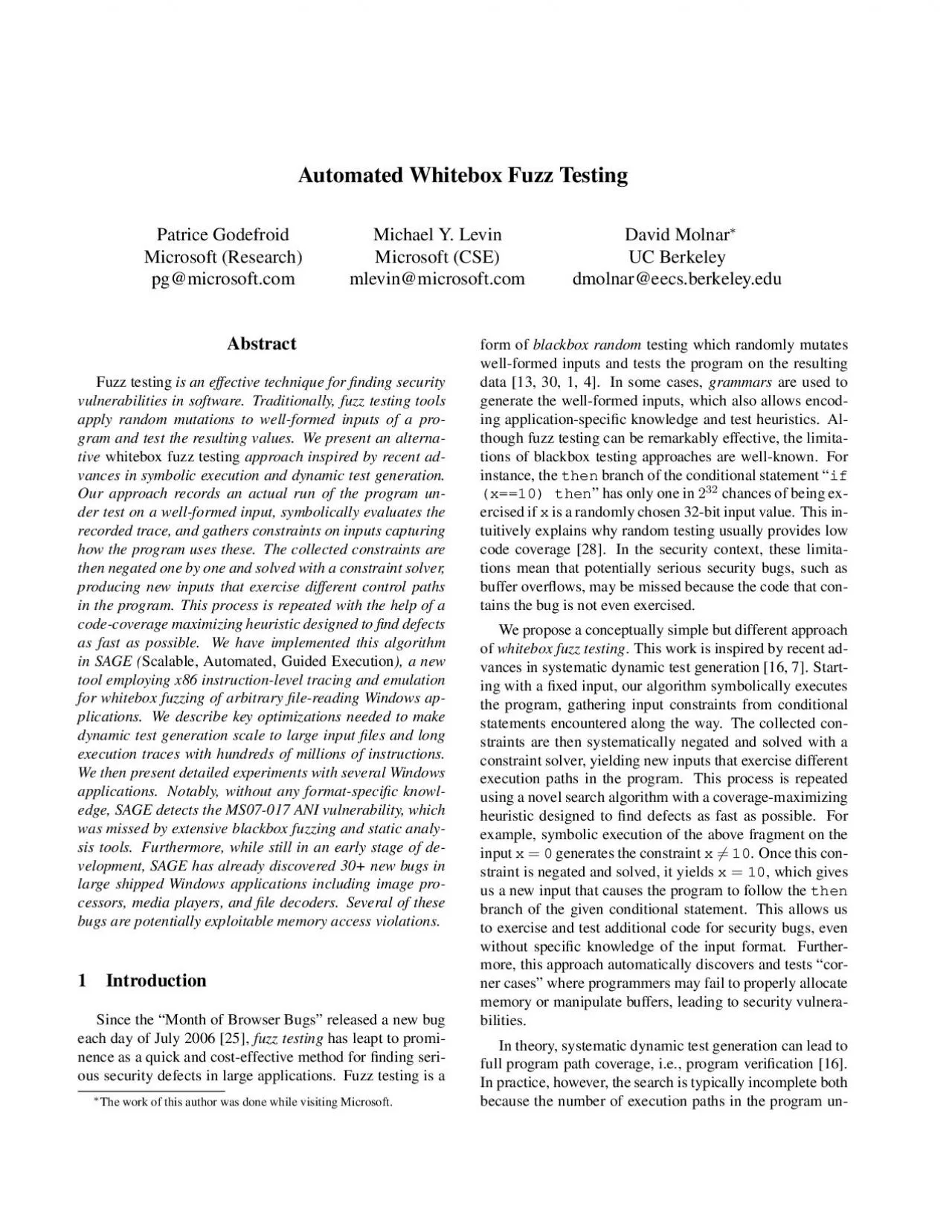 PDF-AutomatedWhiteboxFuzzTestingPatriceGodefroidMicrosoftResearchpgmicr