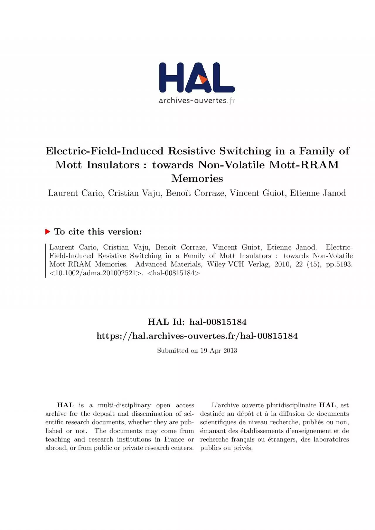 PDF-ElectricFieldInducedResistiveSwitchinginaFamilyofMottInsulatorstowa