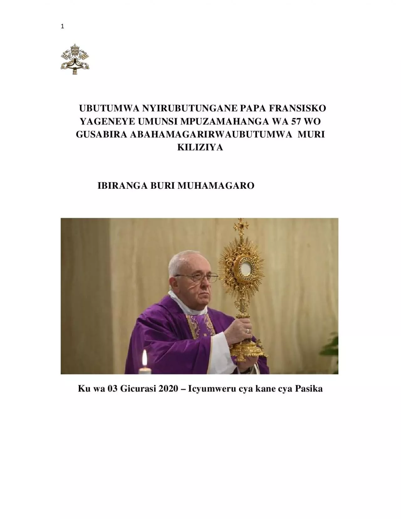 PDF-UBUTUMWA NYIRUBUTUNGANE PAPA FRANSISKO YAGENEYE UMUNSI MPUZAMAHANG