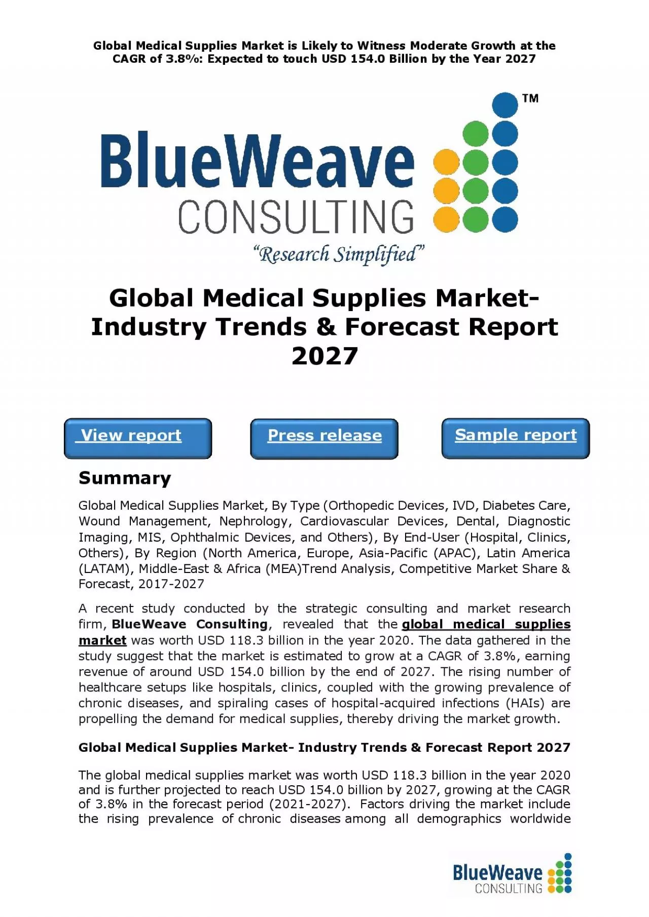 PDF-Global Medical Supplies Market- Industry Trends & Forecast Report 2027