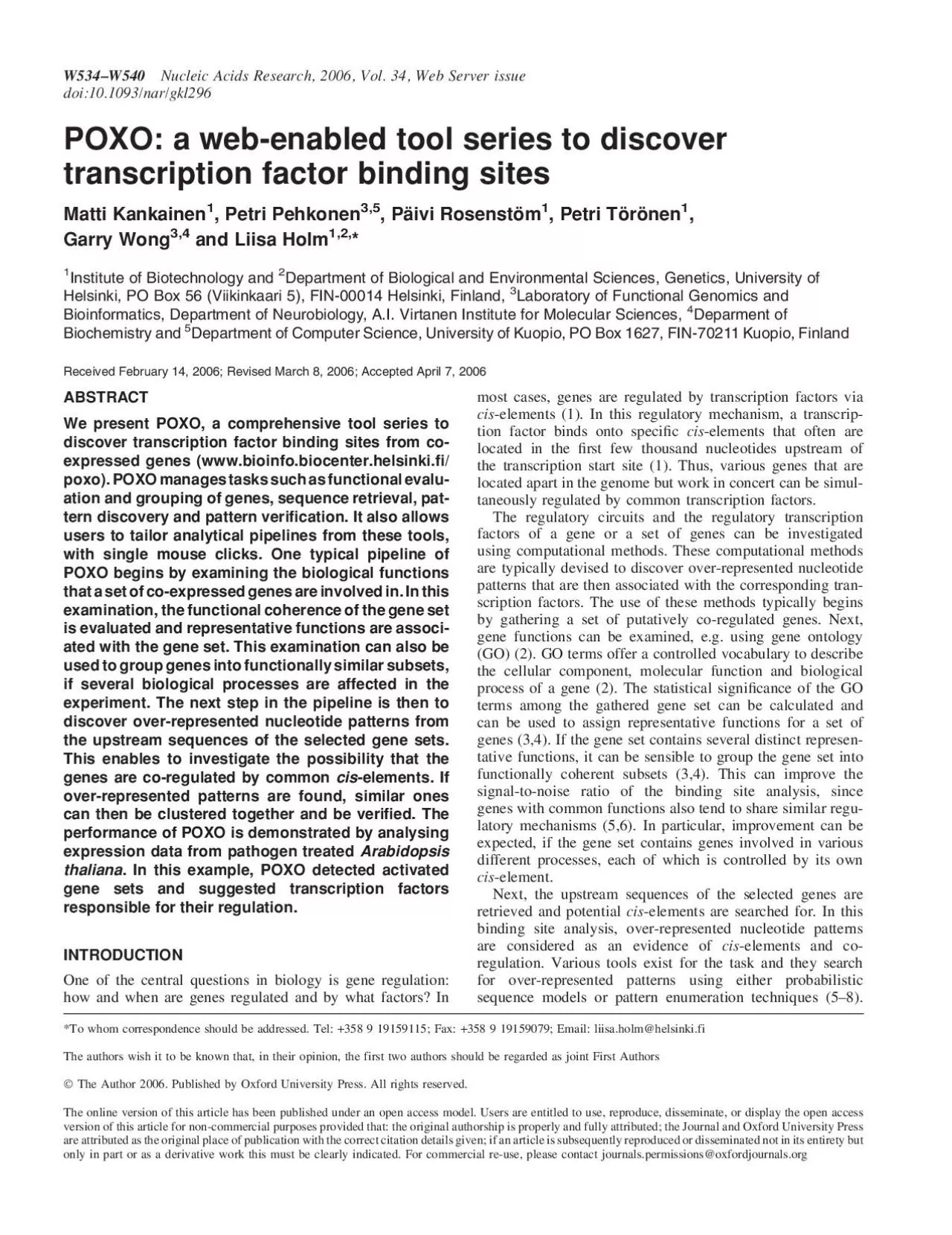 PDF-POXOawebenabledtoolseriestodiscovertranscriptionfactorbindingsitesMa