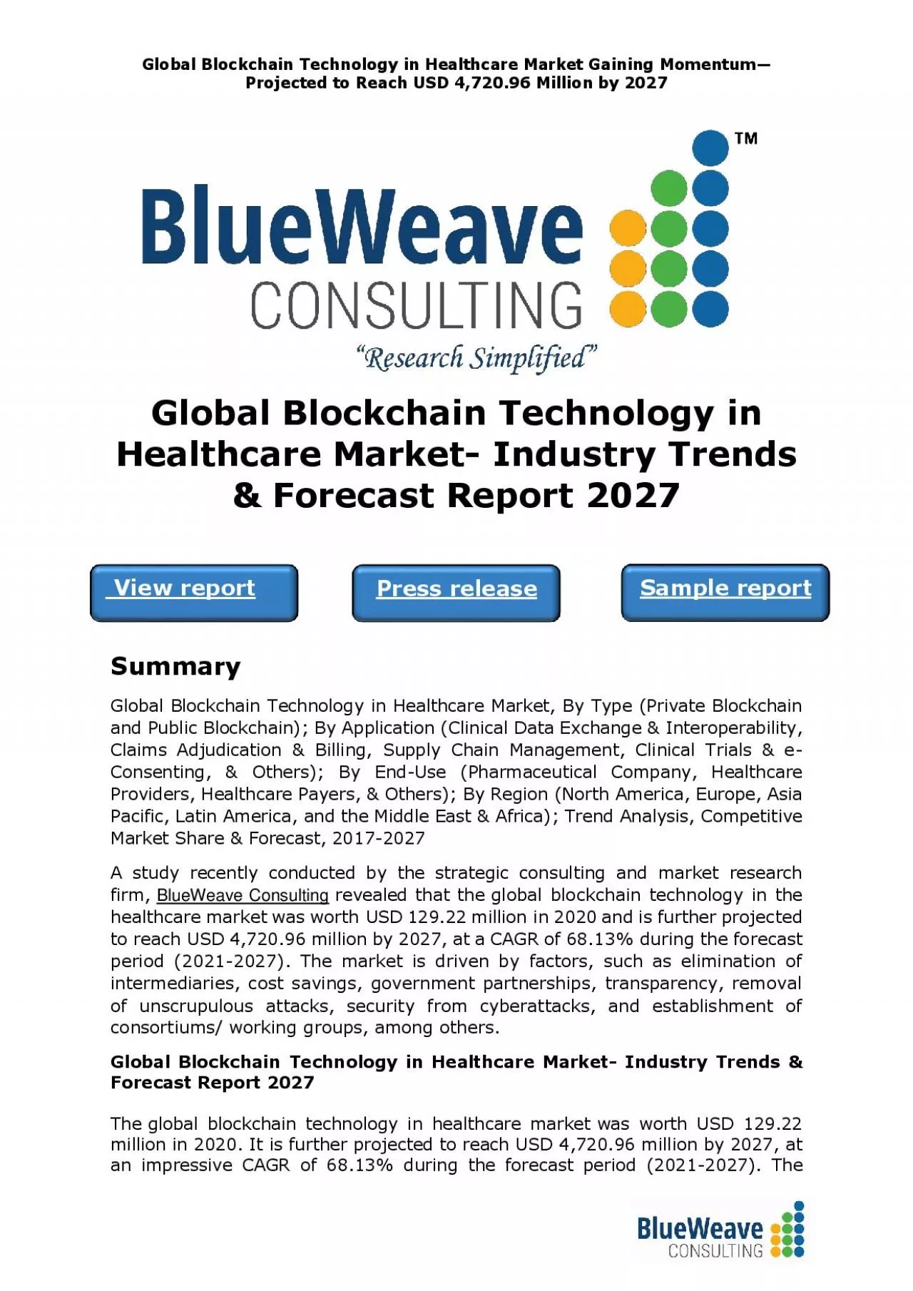 PDF-Global Blockchain Technology in Healthcare Market- Industry Trends & Forecast Report 2027