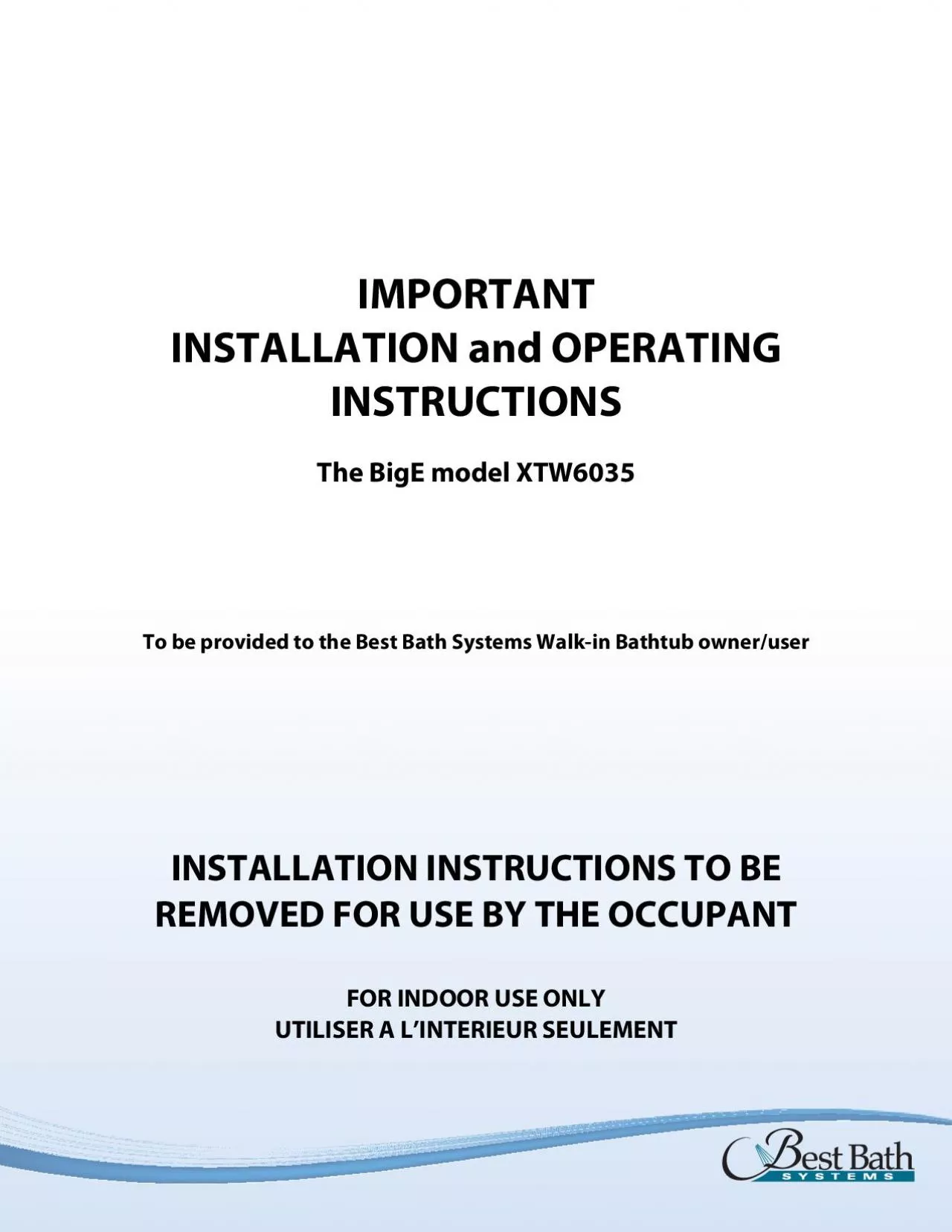 PDF-To be provided to the Best Bath Systems Walkin Bathtub owneruser