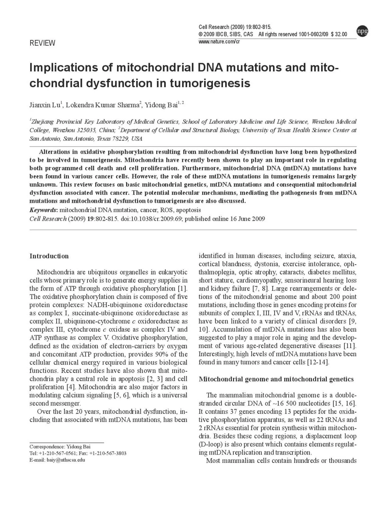 PDF-Cell Research Vol 19 No 7 July 2009 mtDNA mutations and cancer