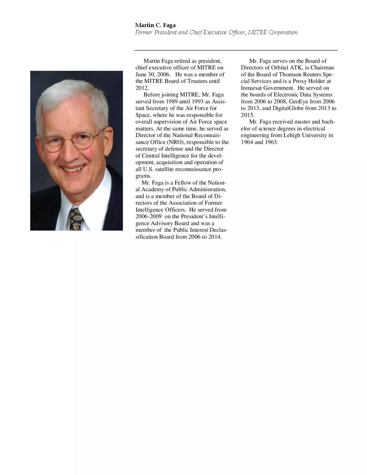 PDF-Martin C FagaFormer President and Chief Executive Officer MITRE Corp