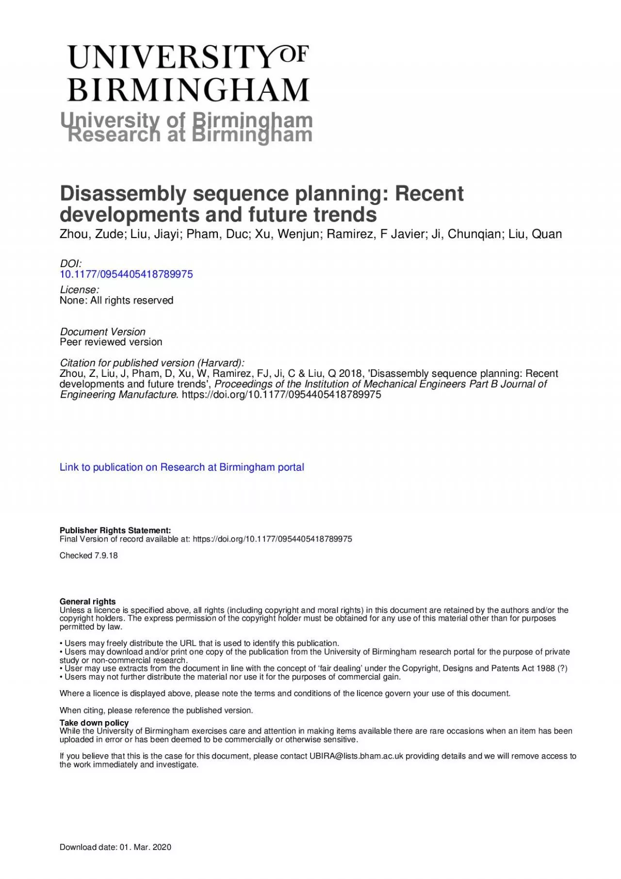 PDF-Disassembly equence lanning ecent evelopmentand uture rendsZude ZhouJ