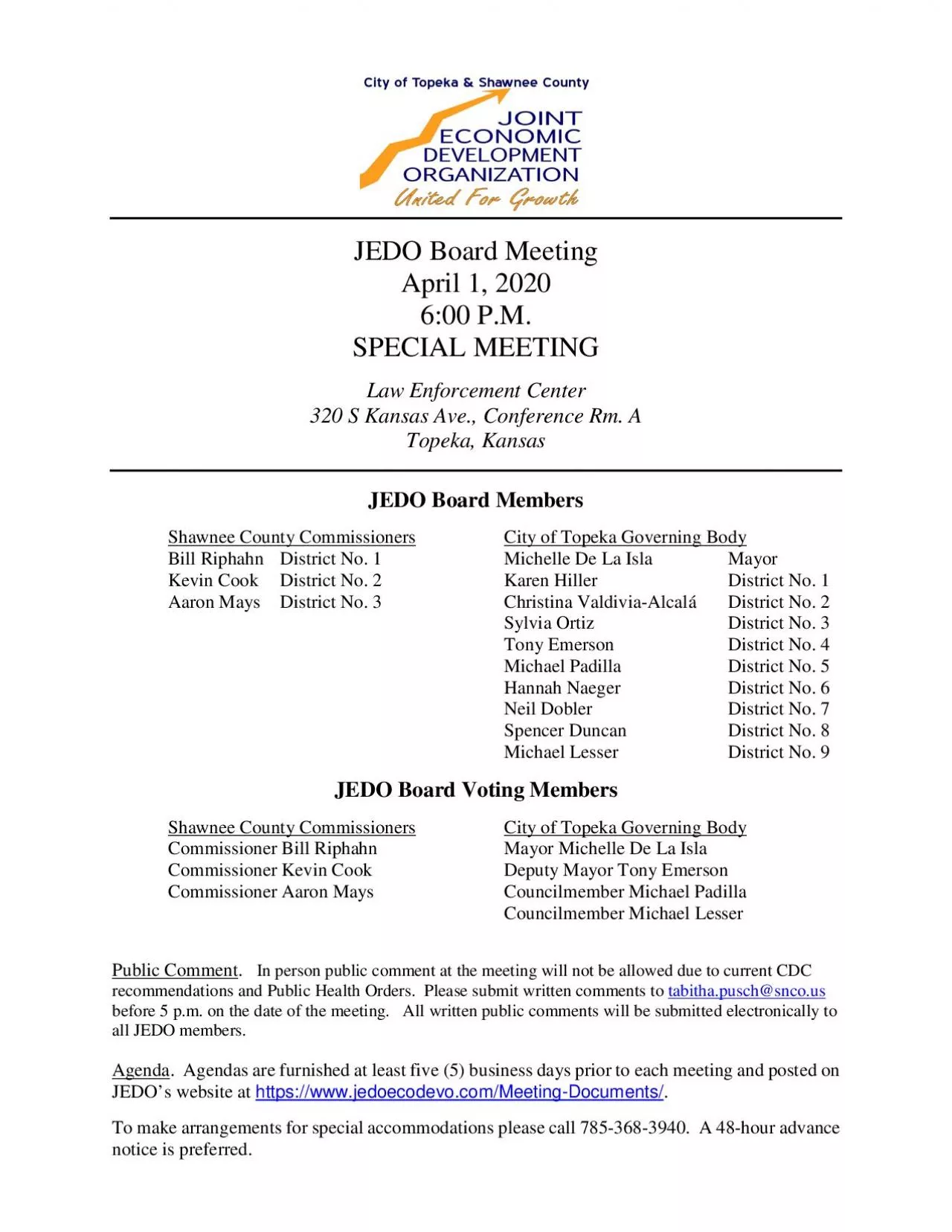 PDF-JEDO BOARD OF DIRECTORS AGENDAWednesday April 1 2020600 pmSPECIAL