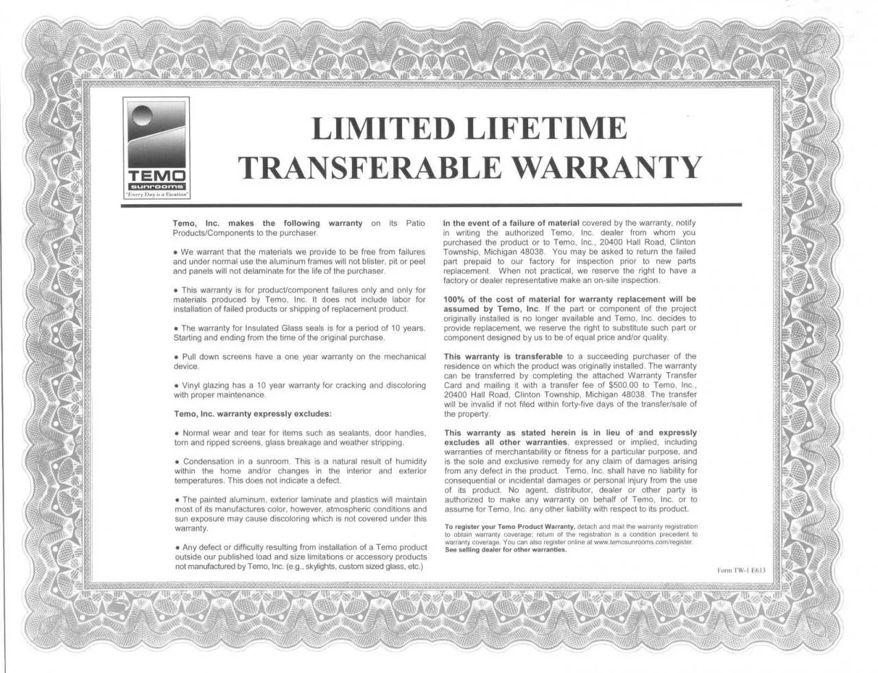 PDF-LIMITED LIFETIME TRANSFERABLE WARRANTY Temo