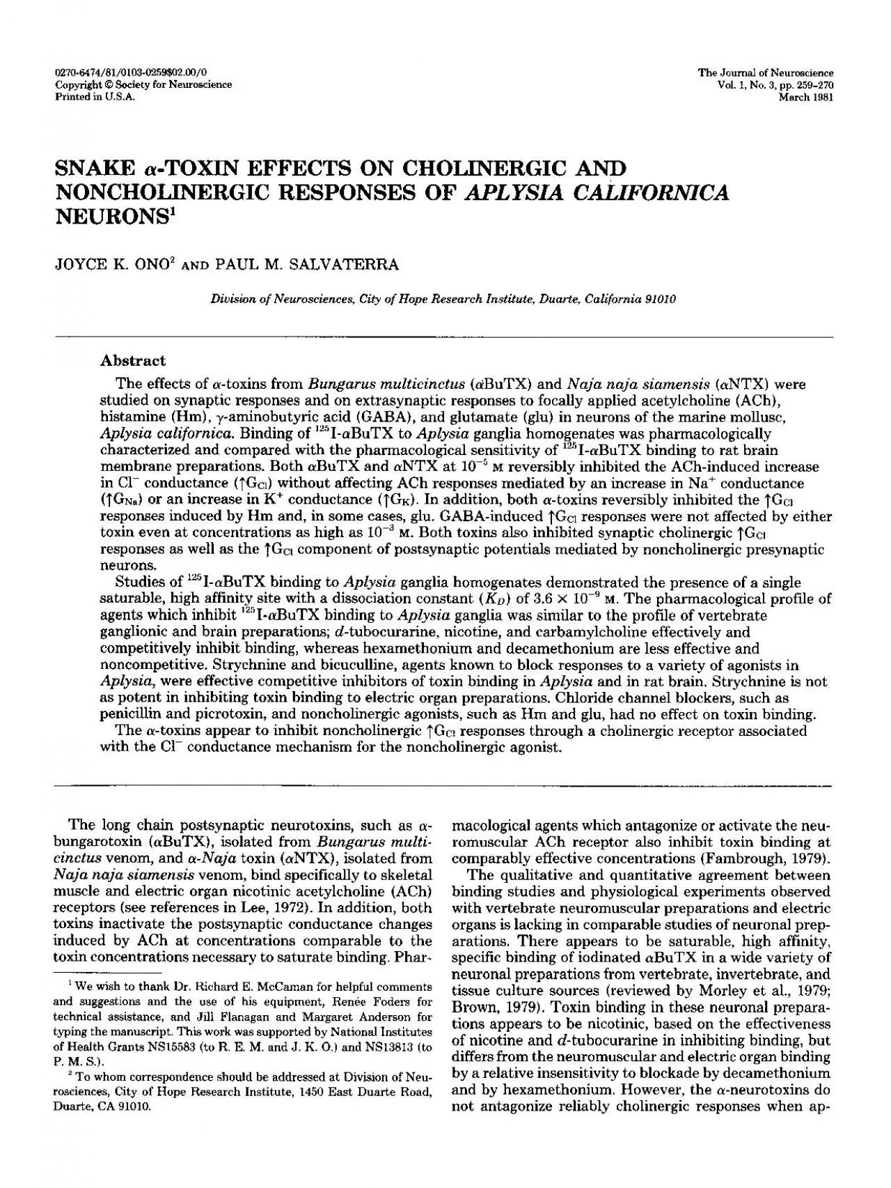 PDF-SNAKE aTOXIN EFFECTS ON CHOLINERGIC AND NONCHOLINERGIC RESPONSES OF A