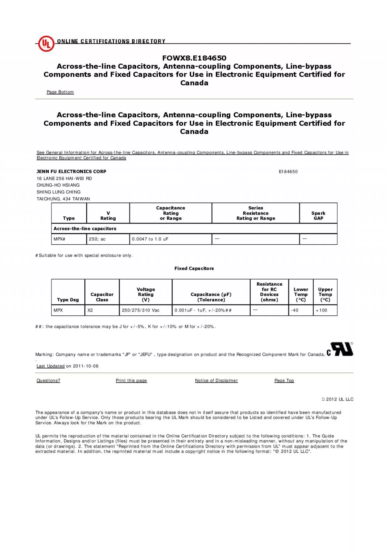 PDF-pacitors Antennacoupling Components and Fixed Capacitors for Use in