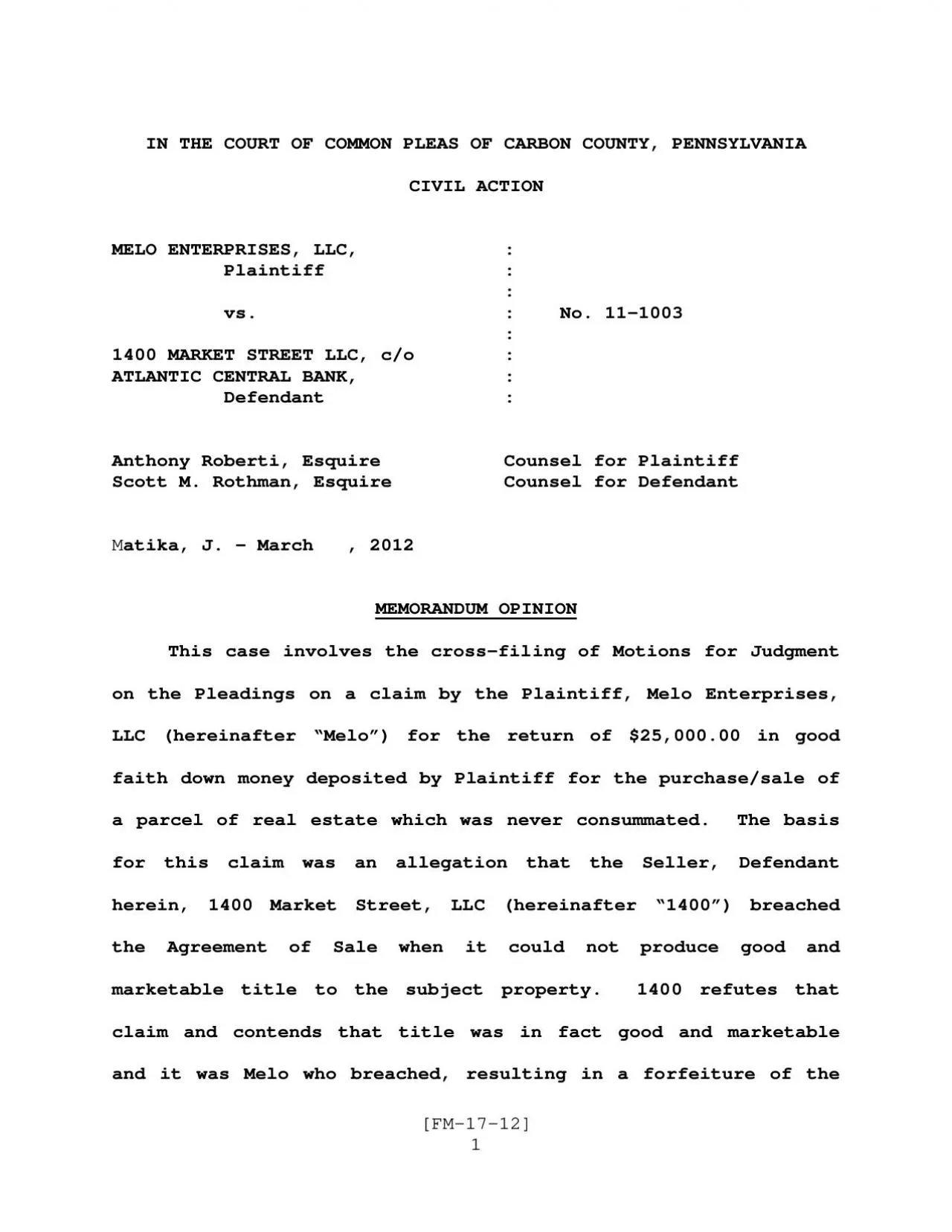 PDF-FM1 IN THE COURT OF COMMON PLEAS OF CARBON COUNTY PENNSYLVANIA CIV