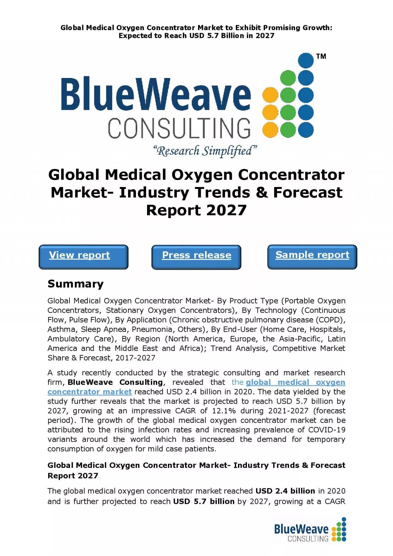 PDF-Global Medical Oxygen Concentrator Market- Industry Trends & Forecast Report 2027