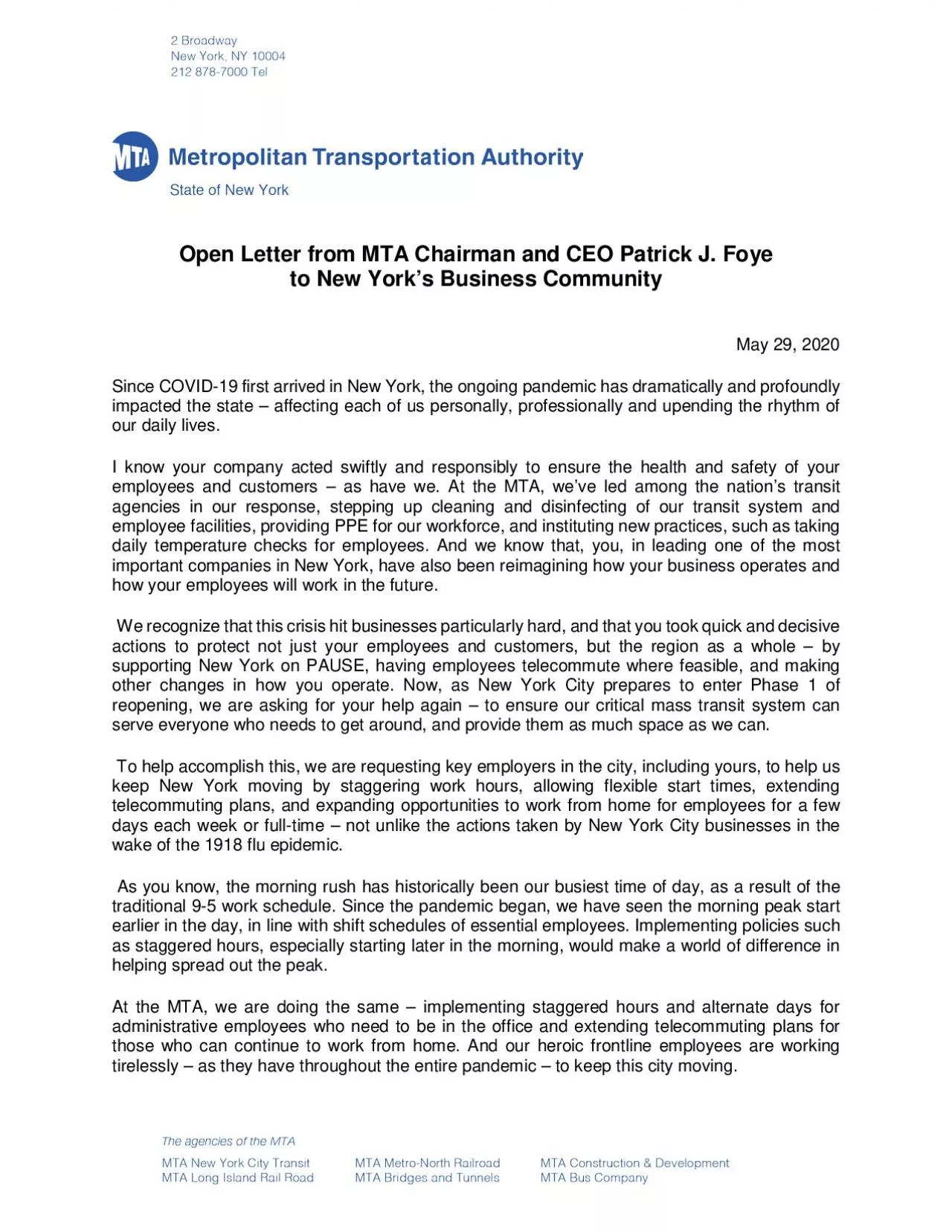 PDF-Open Letter from MTA Chairman and CEO Patrick J Foye to New York146