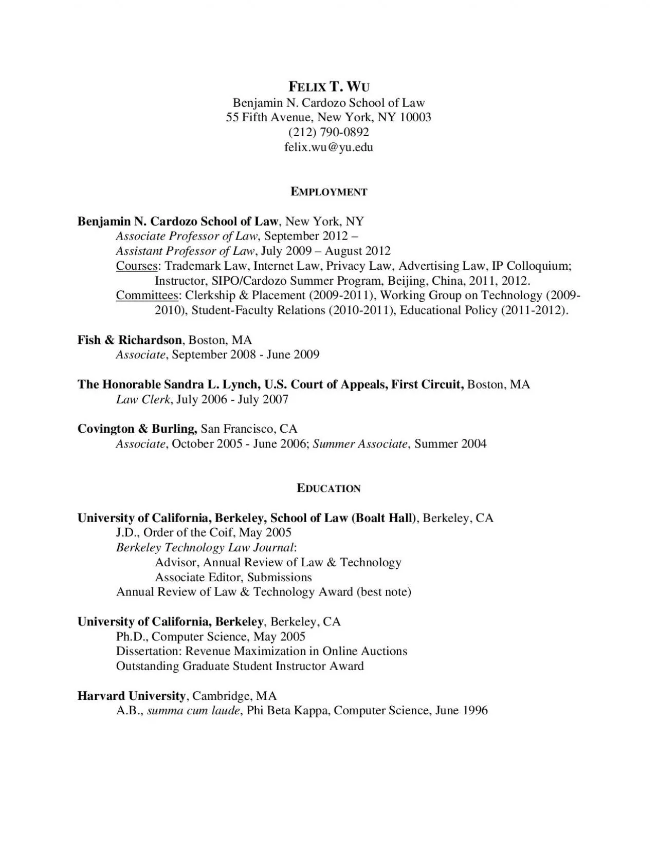 PDF-Benjamin N Cardozo School of Law MPLOYMENT New York NY Associate Pr