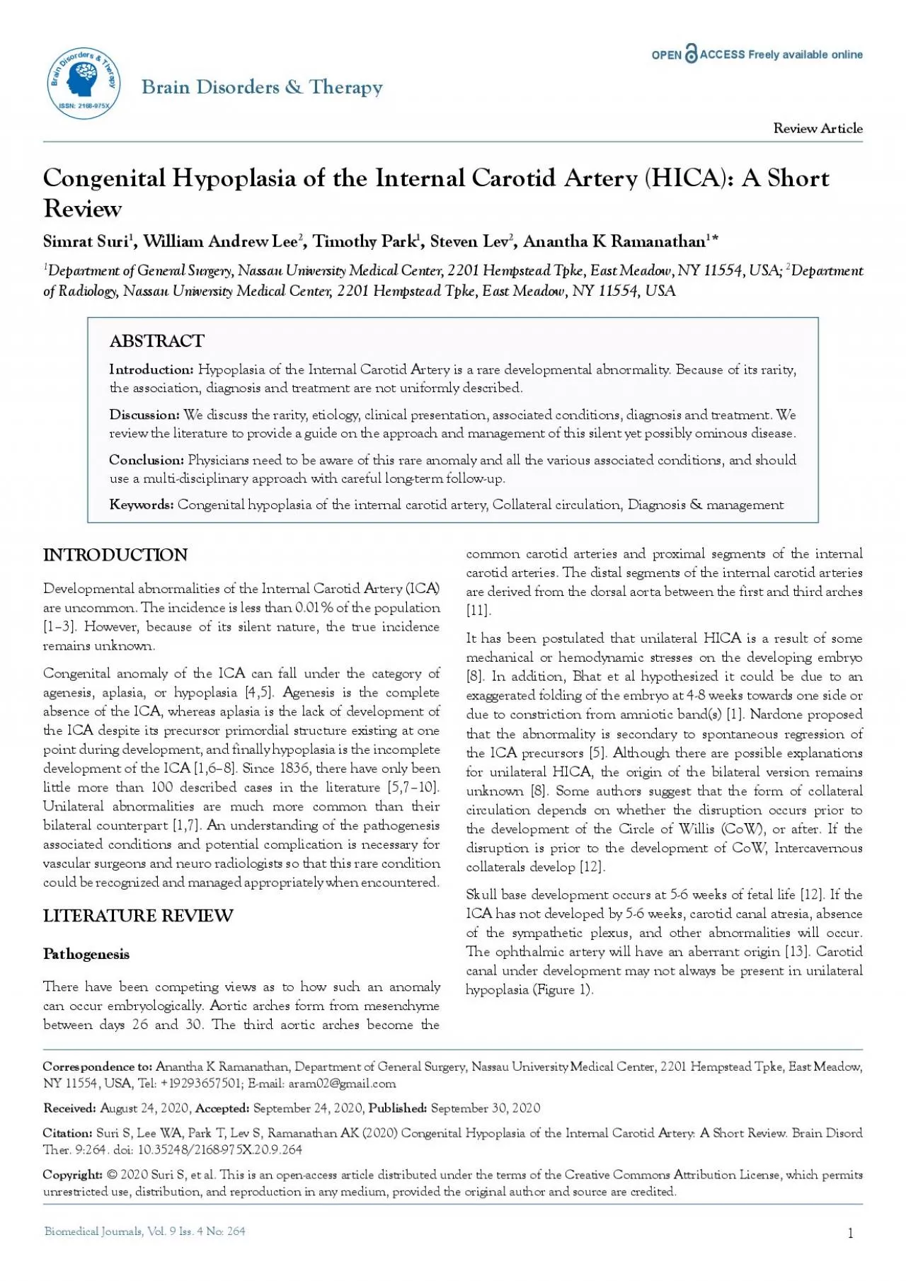 PDF-Congenital Hypoplasia of the Internal Carotid Artery HICA A Short R