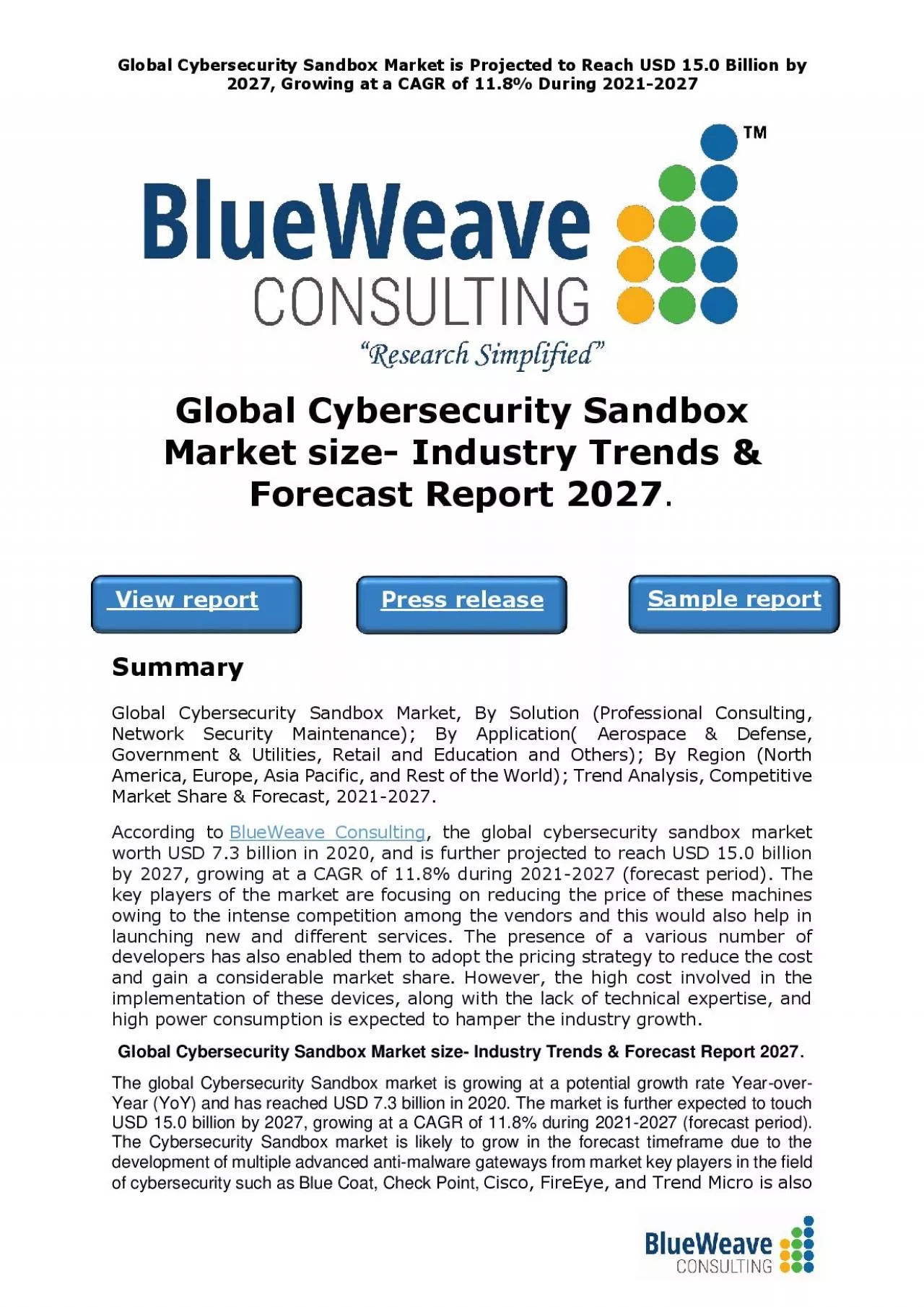 PDF-﻿Global Cybersecurity Sandbox Market size- Industry Trends & Forecast Report 2027.