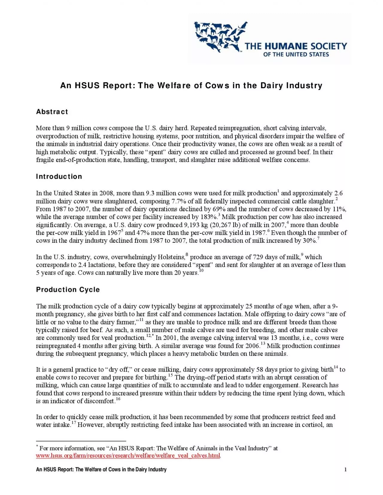 PDF-An HSUS Report The Welfare of Cows in the Dairy Industry