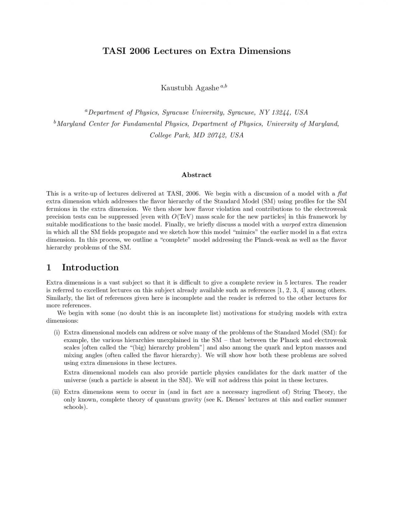 PDF-TASI2006LecturesonExtraDimensionsKaustubhAgasheabaDepartmentofPhysics