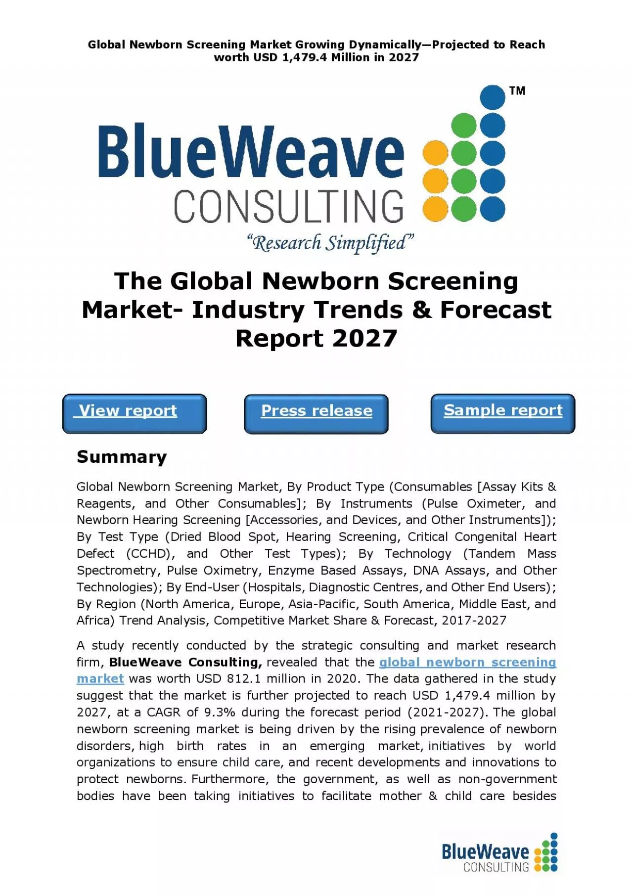 PDF-﻿The Global Newborn Screening Market- Industry Trends & Forecast Report 2027