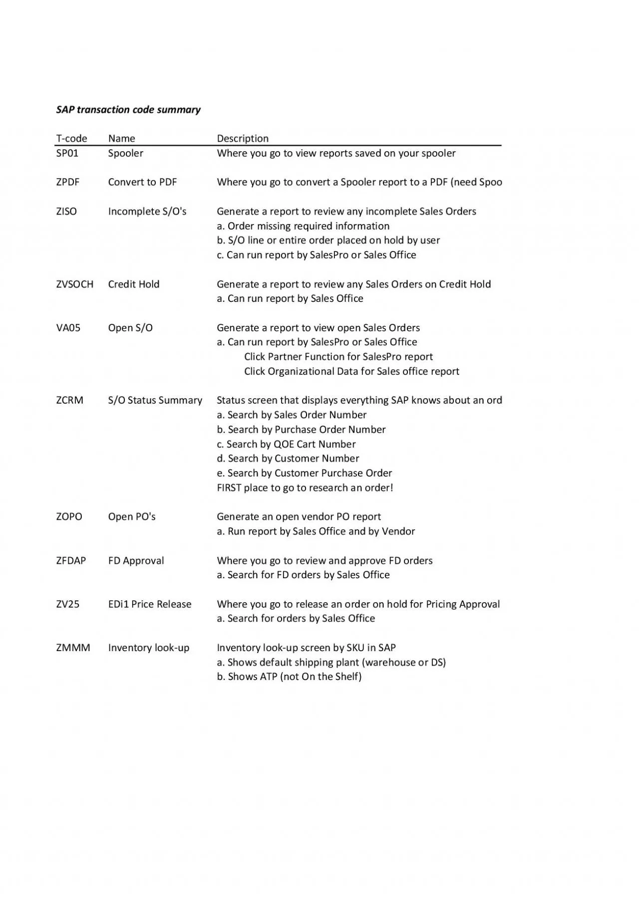 PDF-SAP transaction code summary