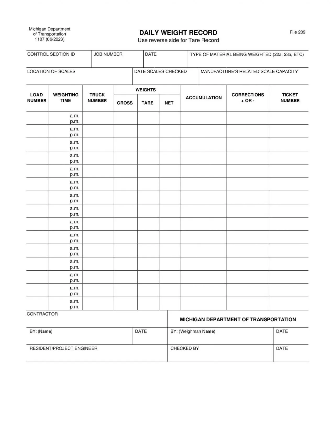 PDF-Michigan Department Of Transportation 1107 0500 DAILY WEIGHT RECORD