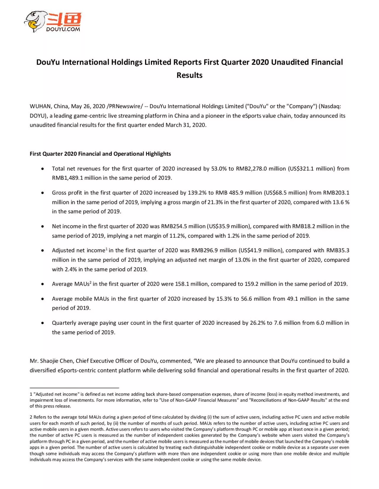 PDF-DouYu International Holdings Limited Reports First Quarter 2020 Unaudi