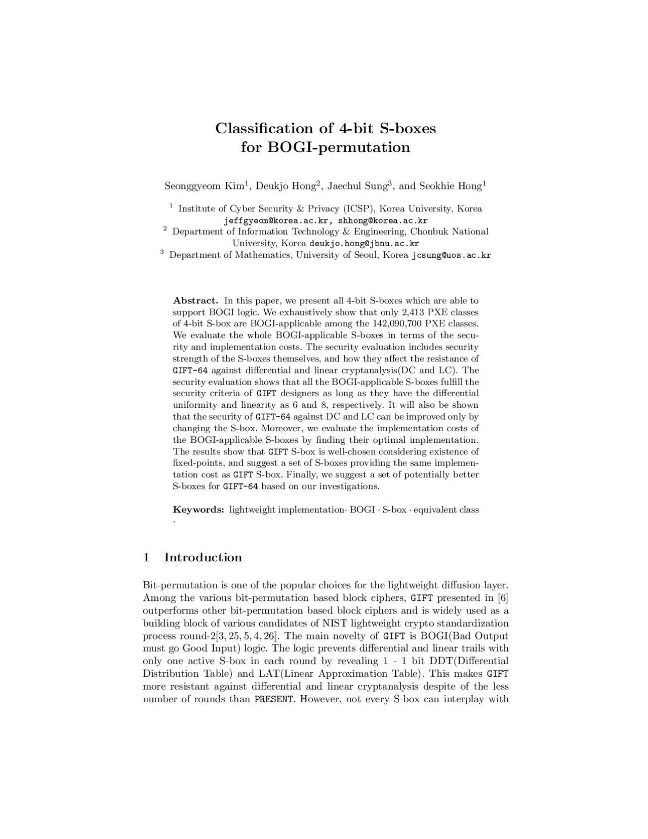 PDF-Classi12cationof4bitSboxesforBOGIpermutationSeonggyeomKim1Deukj