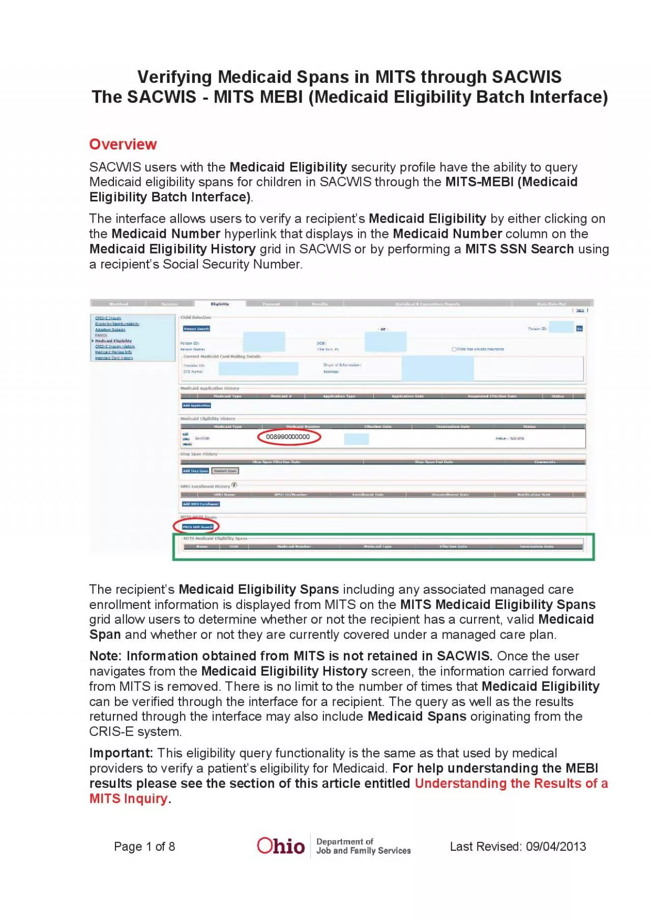 PDF-Verifying Medicaid Spans in MITS through SACWIS The SACWIS MITS MEBI