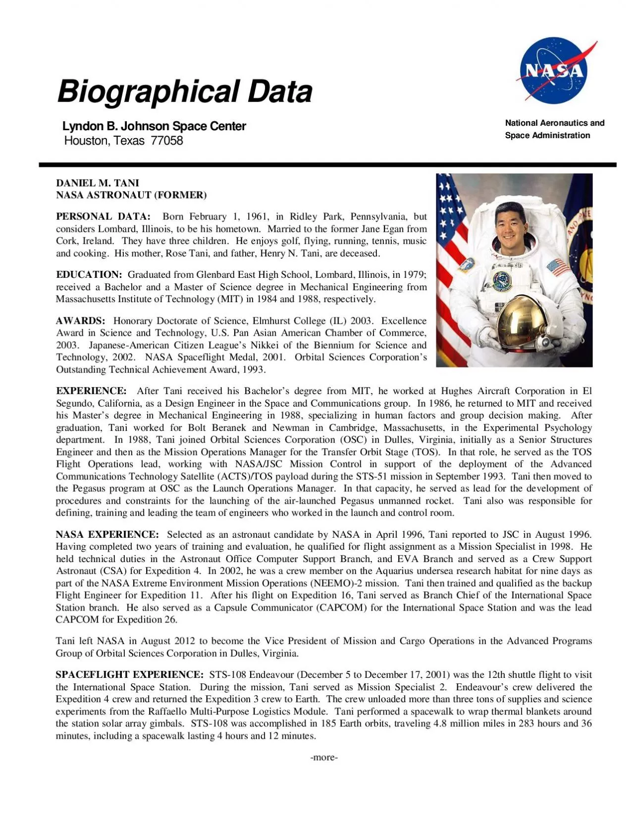 PDF-On his second spaceflight Tani served as Expedition16 Flight Engineer