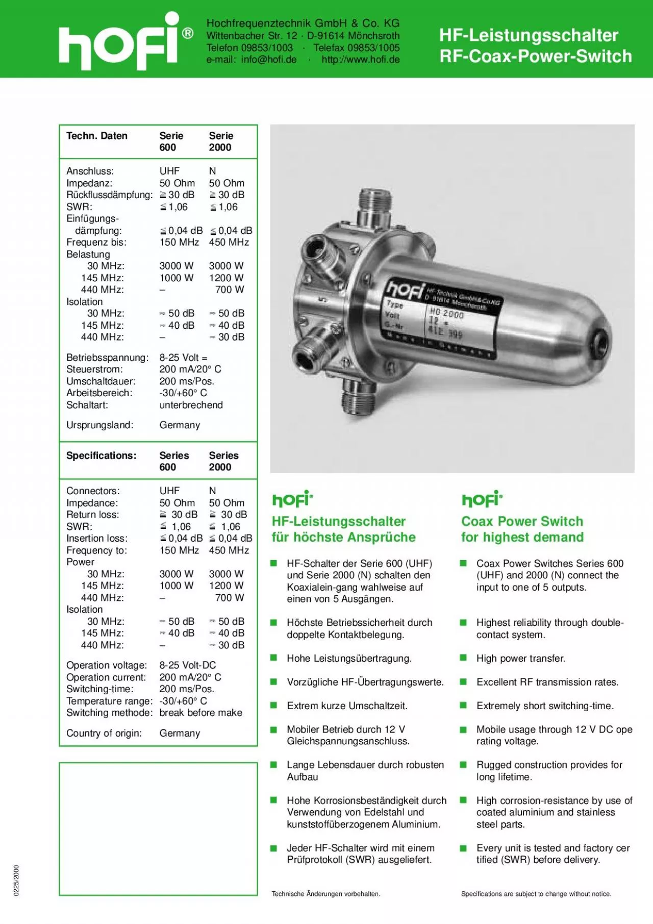 PDF-Techn DatenSerieSerie6002000AnschlussUHFNImpedanz50 Ohm50 OhmRckfl