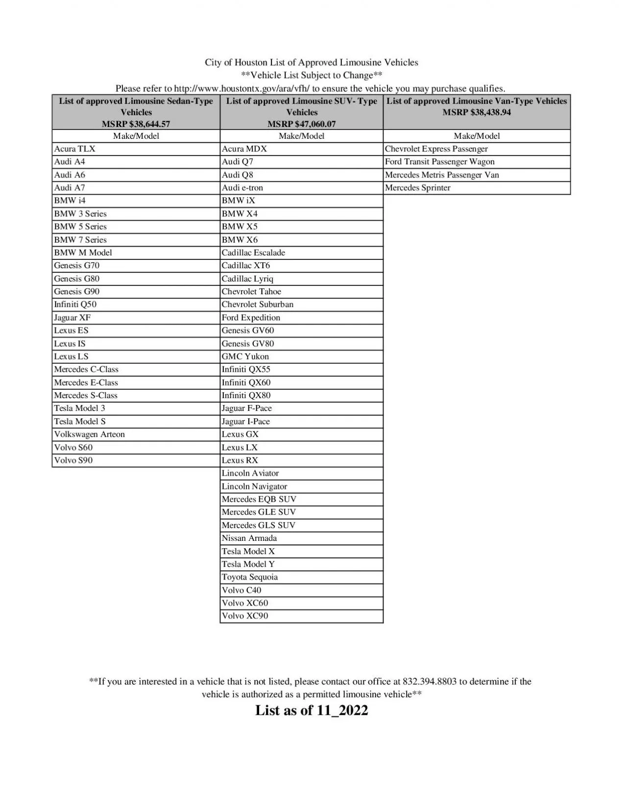 PDF-City of Houston List of Approved Limousine Vehicles