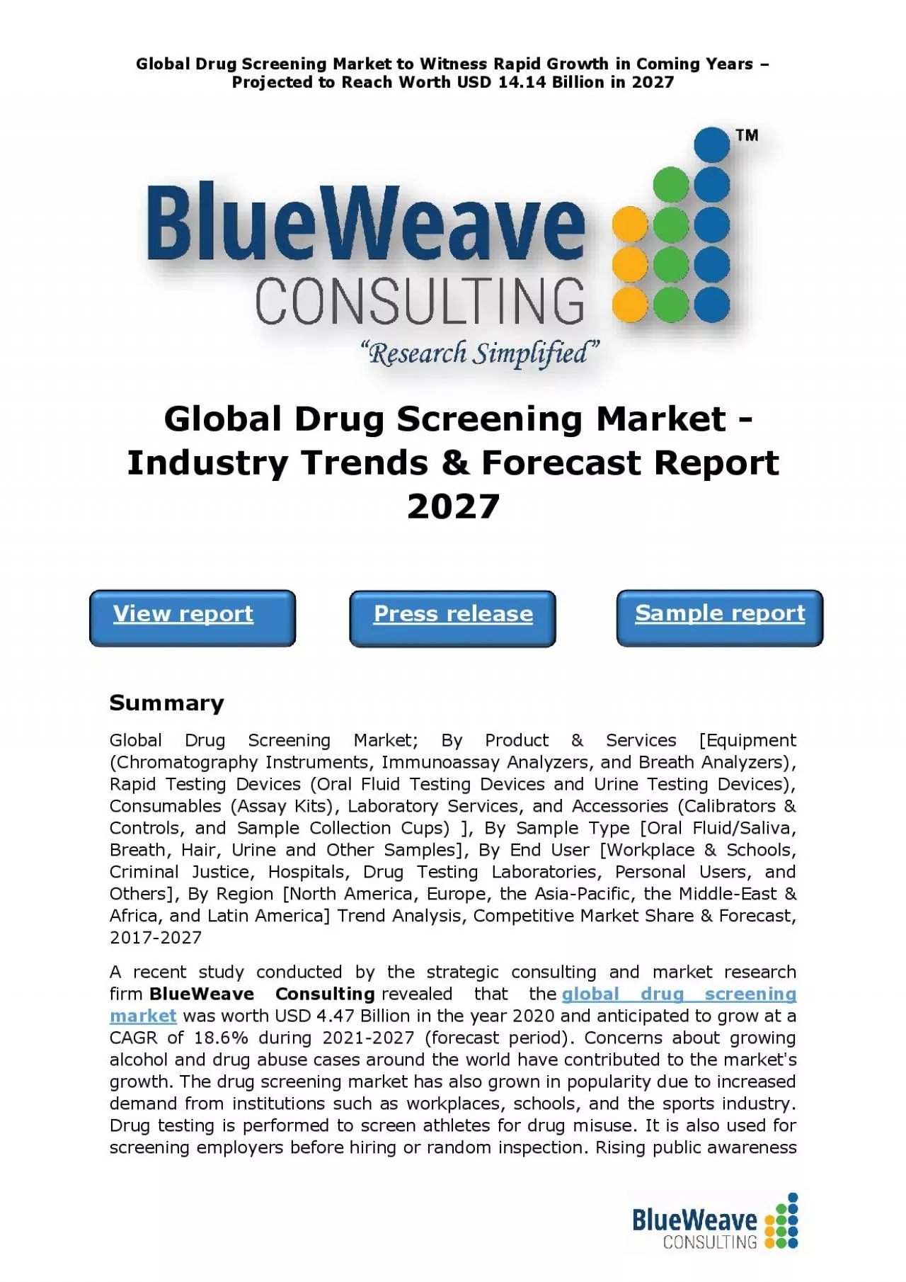 PDF-The Global Drug Screening Market - Industry Trends & Forecast Report 2027