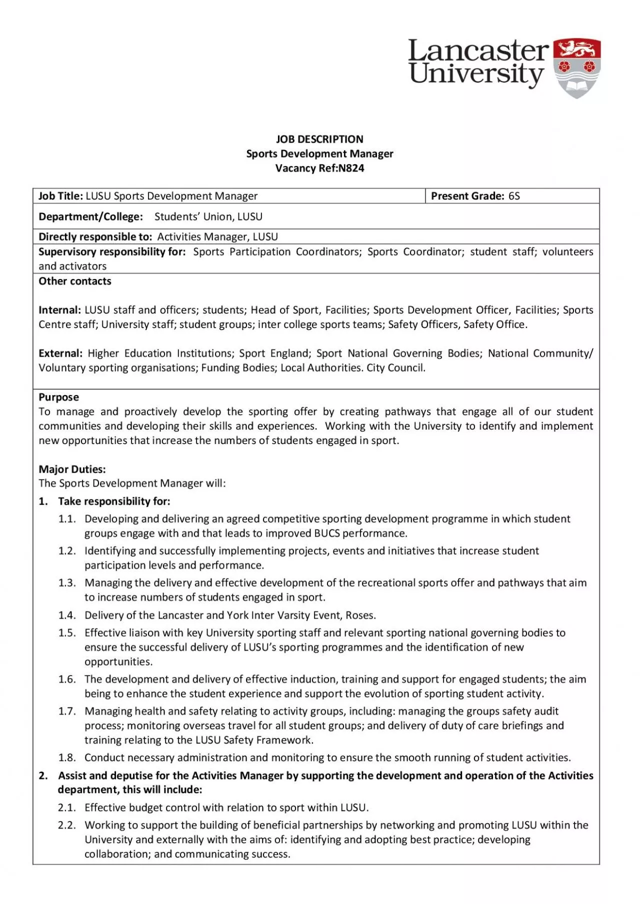 PDF-OB DESCRIPTIONSports Development ManagerVacancy RefN824