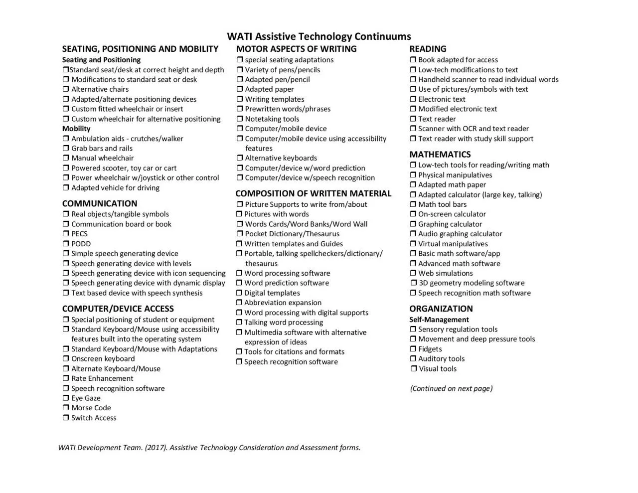 PDF-I Assistive Technology Continuums