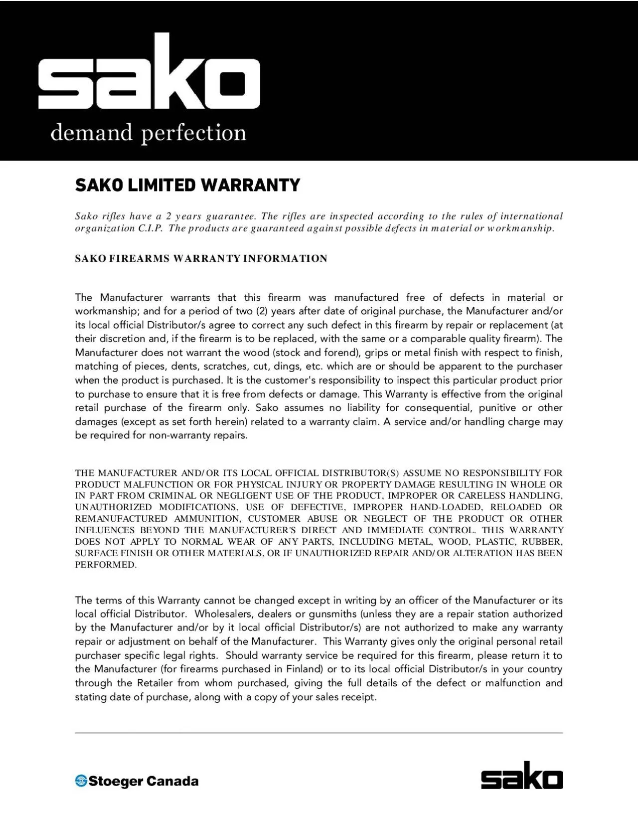 PDF-SAKO LIMITED WARRANTYSako rifles have a 2 years guarantee The rifles