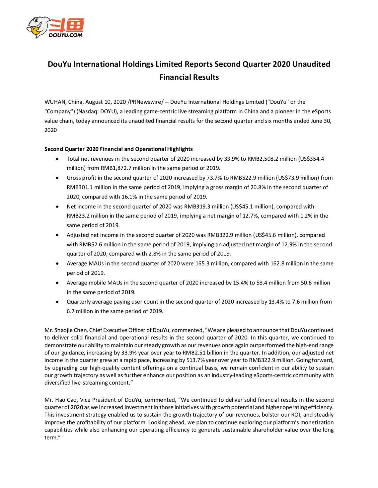 PDF-DouYu International Holdings Limited Reports Second Quarter 2020 Unaud