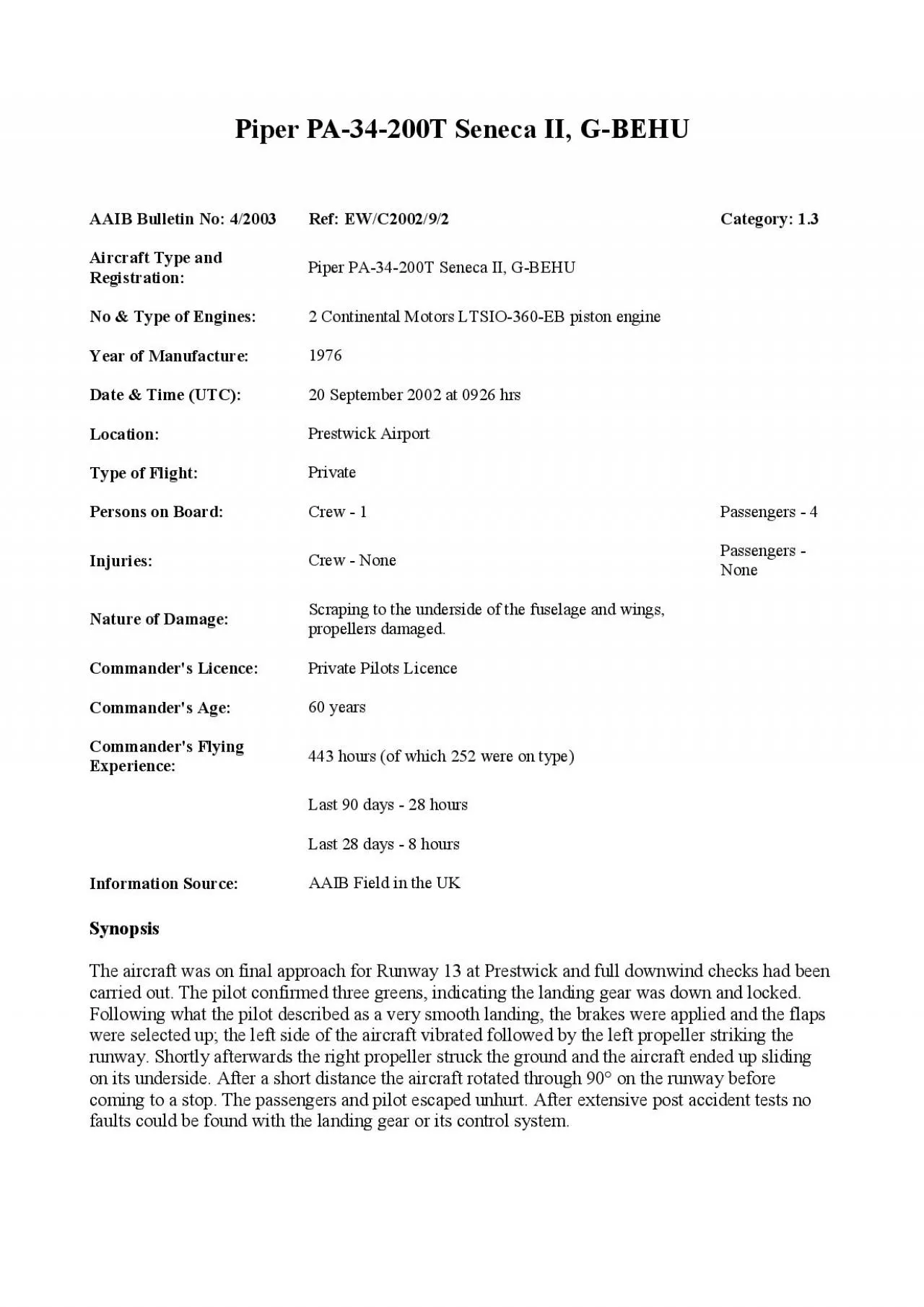 PDF-Piper PA34200T Seneca II GBEHU AAIB Bulletin No 42003Ref EWC20