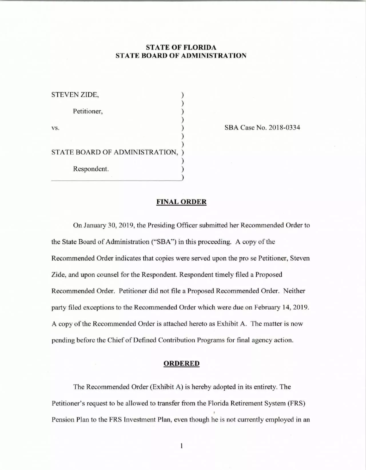 PDF-STATE OF FLORIDA STEVEN ZIDE VS ORDERED The Recommended Orde