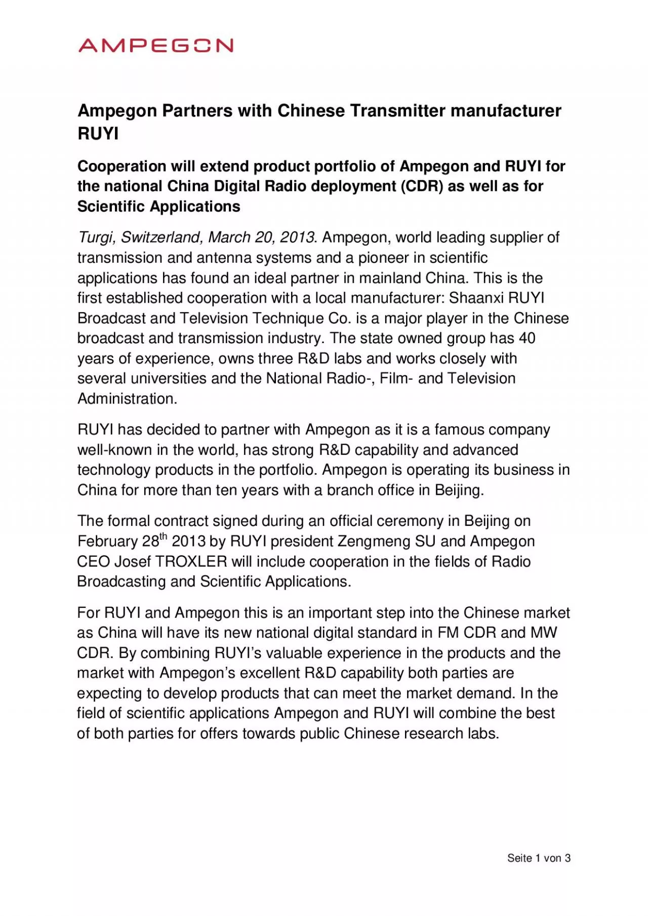 PDF-Ampegon Partners with Chinese Transmitter manufacturer RUYICooperation