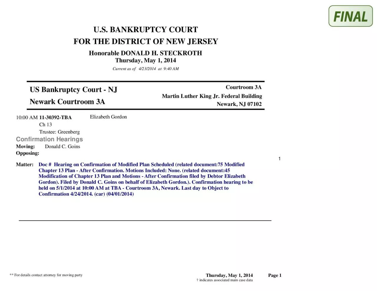 PDF-US BANKRUPTCY COURTHonorable DONALD H STECKROTHCurrent as of 423