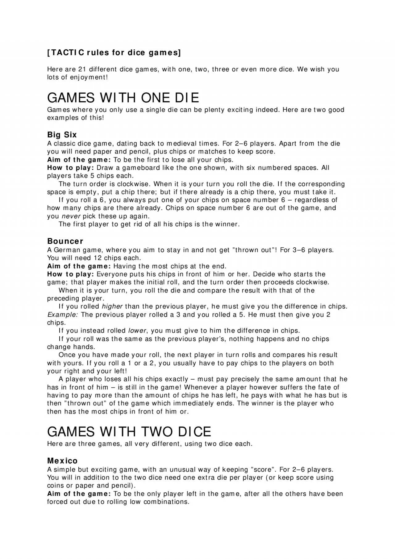 PDF-Here are 21 different dice games with one two three or even more di