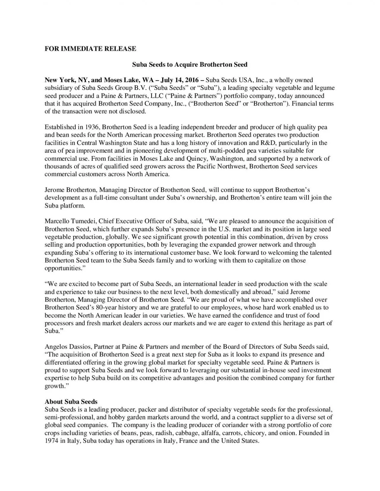 PDF-FOR IMMEDIATE RELEASE Suba Seeds to AcquireBrotherton SeedNew York an