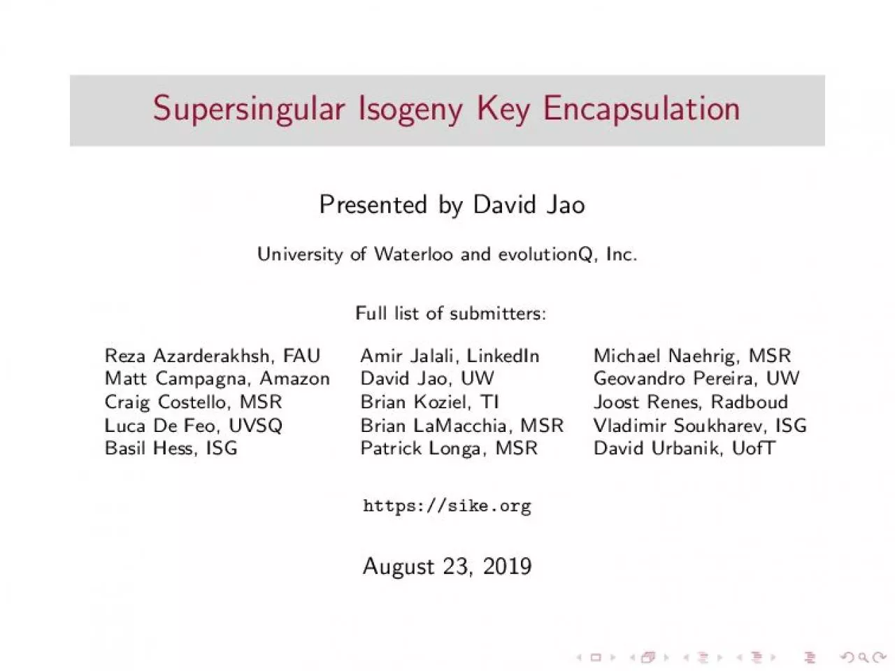 PDF-SupersingularIsogenyKeyEncapsulationPresentedbyDavidJaoUniversityofWat