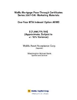 WaMu Mortgage PassThrough Certificates Series 2007OA1 Marketing Mate